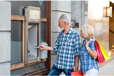 Senior couple with shopping bags using cash machine